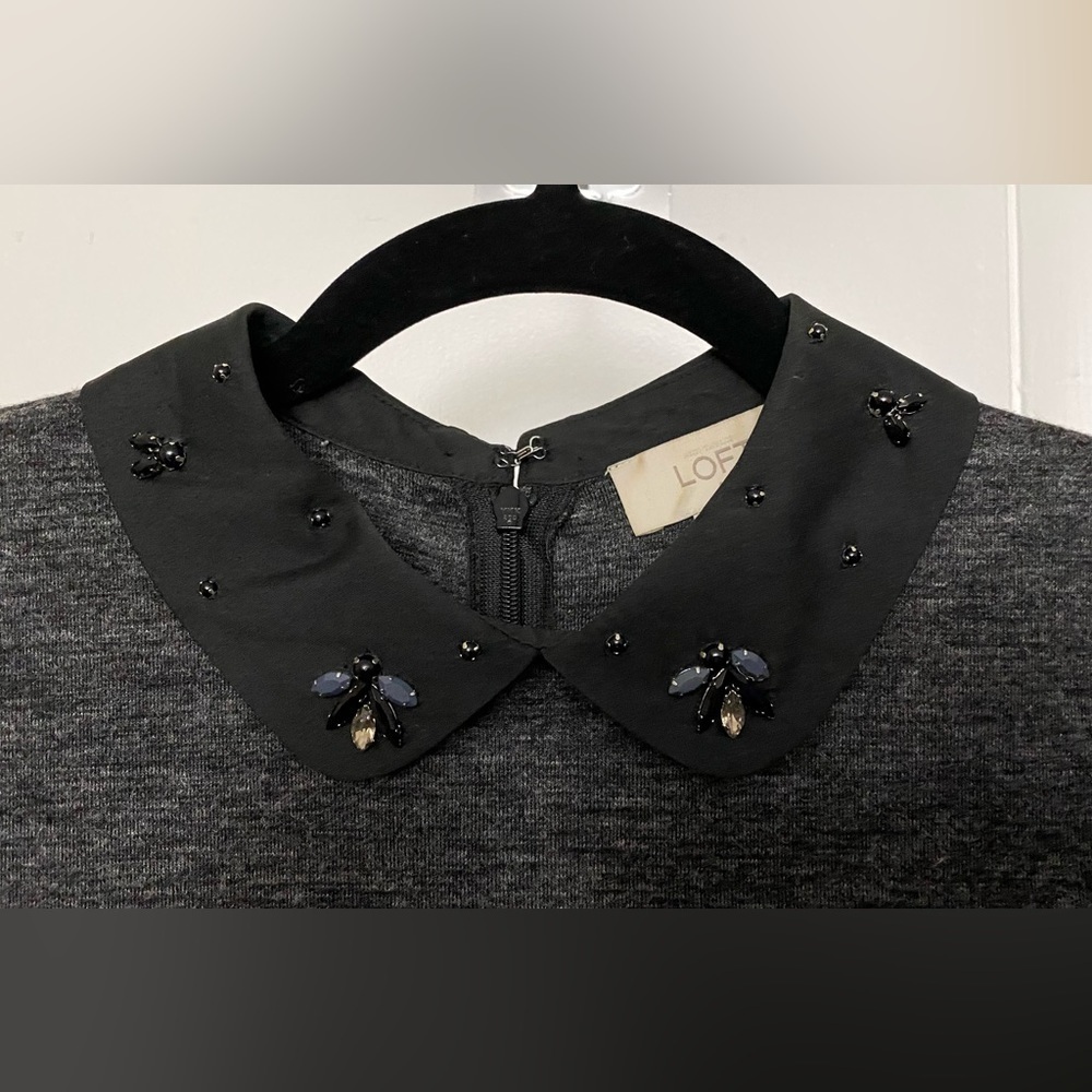 Loft Jeweled Peter Pan Collar Gray Dress Size Petite Small - Picture 3 of 6